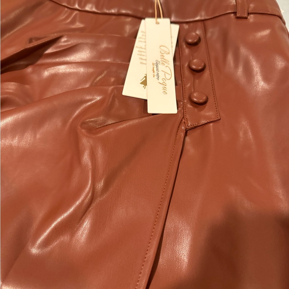 Women’s Brown Faux Leather Midi Pencil Skirt with Front Slit - Picture 6 of 6